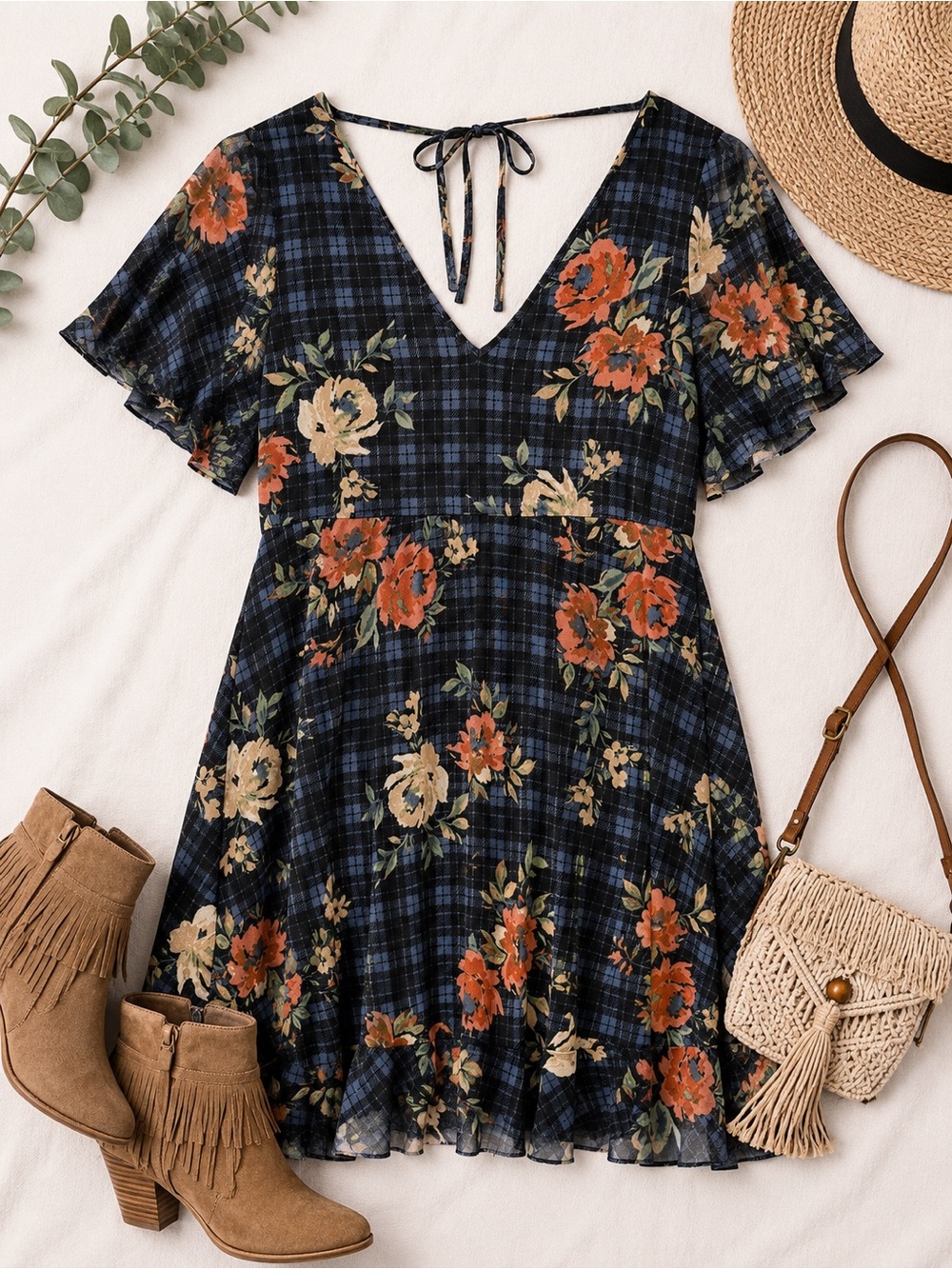 American Rag Cie Floral Plaid Flutter Sleeve Dress – Size Medium